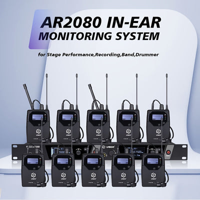 Sistema inalámbrico de monitoreo de audio LMBGM AR2080-10 UHF de 2 canales, aleación de aluminio, conector de 6.35 mm, alimentado por corriente eléctrica, 110-130V, enchufe estadounidense, ideal para escenarios, bandas, estudios y músicos - Incluye 10 re