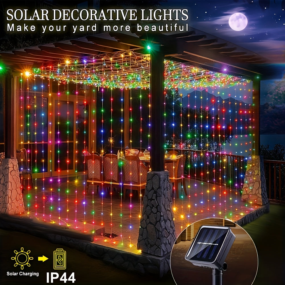 1 pieza de 118,5 pulgadas (298,7 cm) de luces de cortina solares - 8 patrones de luces de hadas, energía solar, estructura duradera - Perfecto para decoración de exteriores de boda, fiesta, balcón, patio y jardín con colores, blanco cálido y blanco. 1 pi