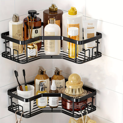 2pcs Estantes de Esquina de Hierro Fundido Lacado en Negro, Organizador de Baño Montado en la Pared con Ganchos, Cestas de Almacenamiento de Acero Inoxidable para Accesorios de Baño, Organizadores y Almacenamiento de Baño