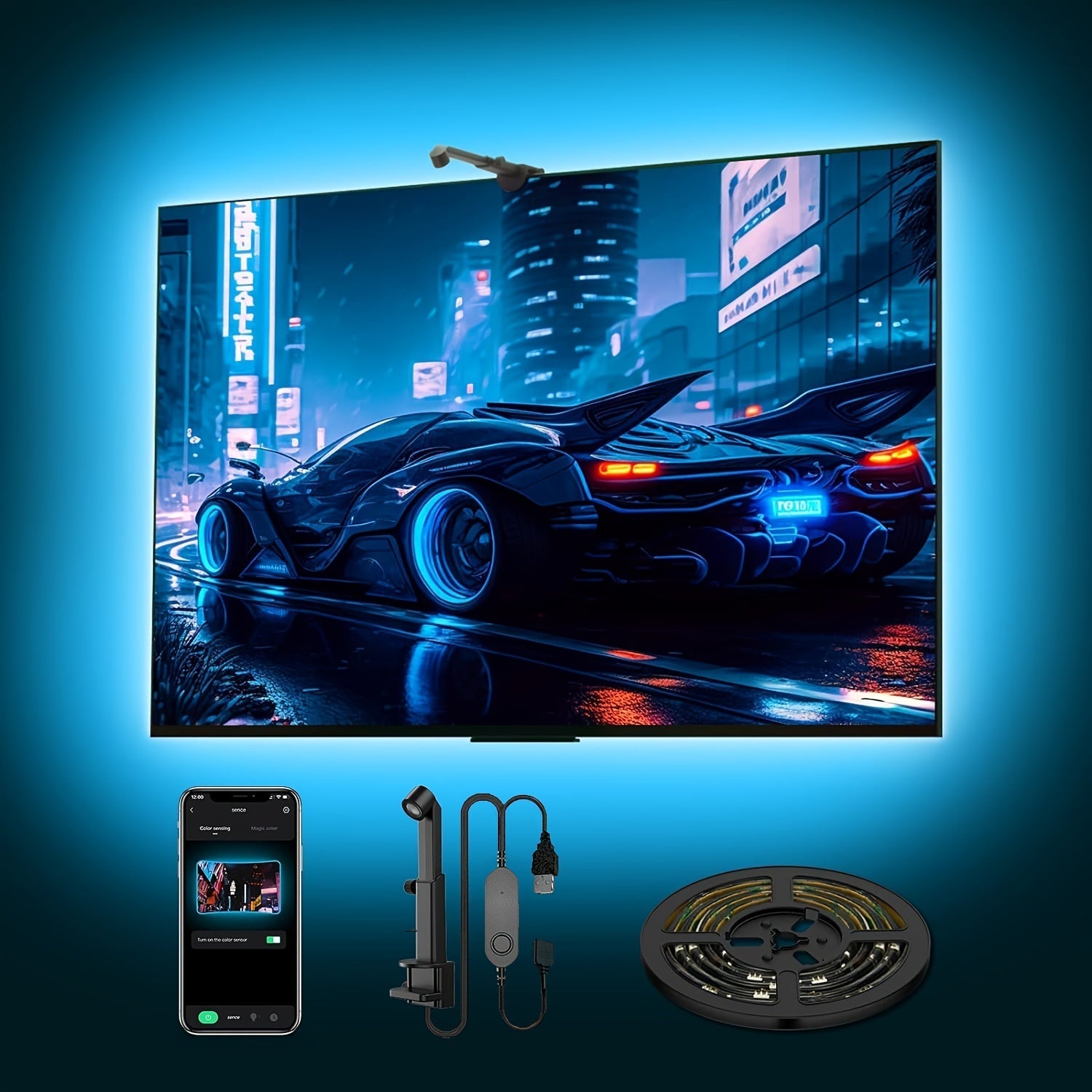 Tira de luz de fondo LED para TV, sensor de gama de color AR recoge parte del color en el TV, 12.5 pies (adecuado para 55-65 pulgadas) - 16.4 pies (70-85 pulgadas) tira de luz RGB, adecuada para computadoras, TV y monitores de 55-85 pulgadas, compatible
