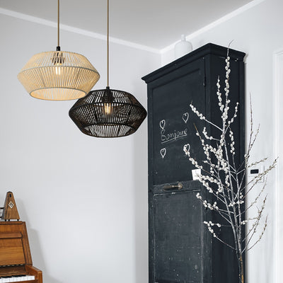 Elegante Pantalla de Luz Colgante de Cuerda de Papel Tejido a Mano - Estilo Moderno con Acento de Metal Negro, Ideal para Balcón, Comedor y Ambiente de Hotel, Pantalla Decorativa | Encanto Rústico | Suspensión de Madera, Decoración de Habitación
