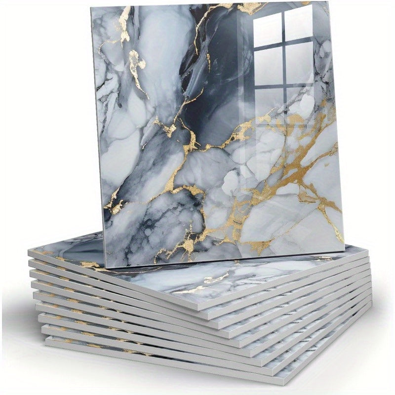12 paneles autoadhesivos de mármol para pared de ducha, impermeables, elegantes en blanco y gris con vetas doradas, ideales para baño, cocina y sala, azulejos de PVC de 29.97 cm x 29.97 cm | Textura de mármol | Estructura de PVC, decoración para baño