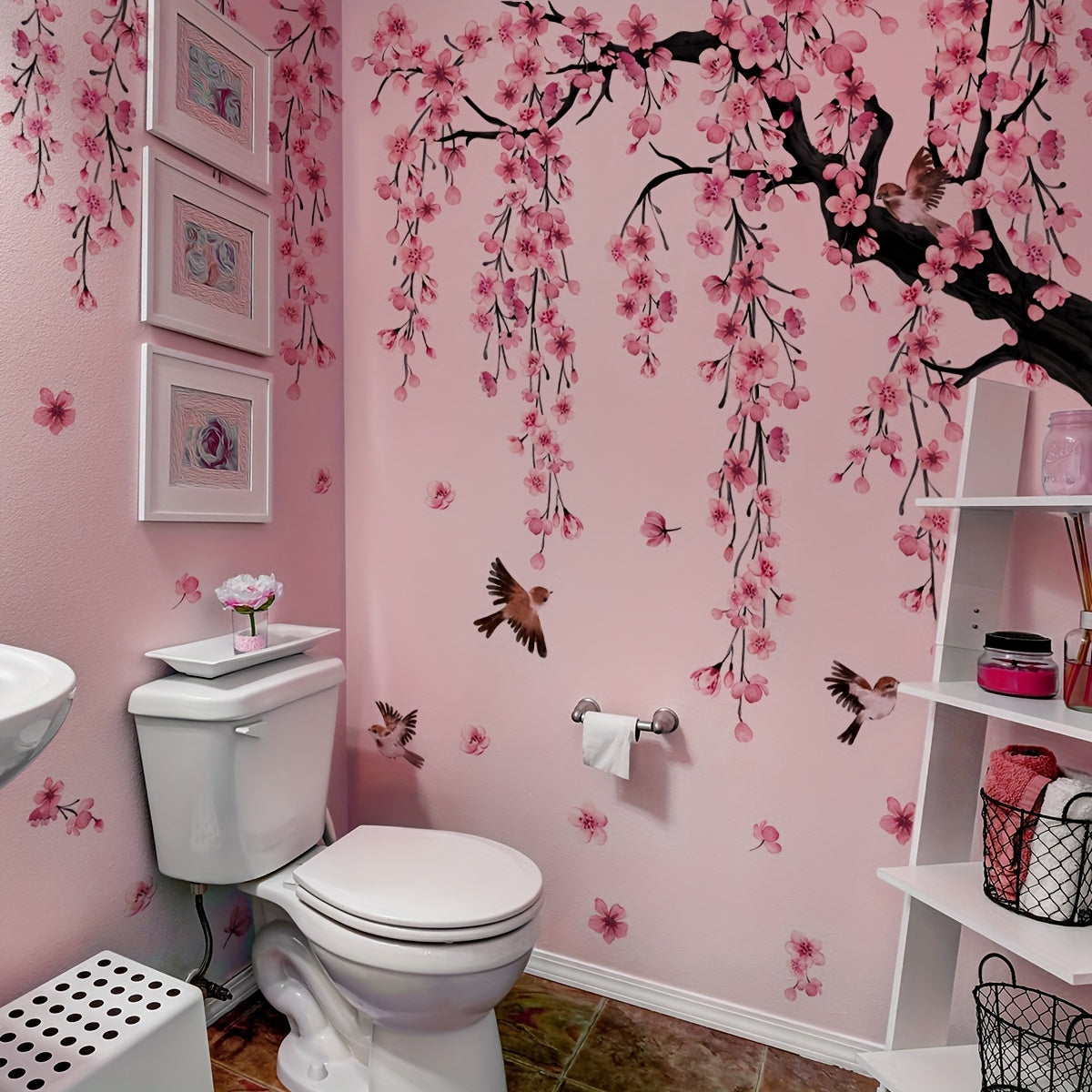 Un conjunto de 4 pegatinas creativas de árbol de flor de durazno rosa para el salón, dormitorio y decoración de pared del baño MS7194-YC