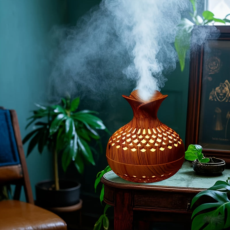 Humidificador de Lujo con Grano de Madera, Nebulizador Frío USB, Diseño Elegante Cortado por Láser, Difusor de Aceites Esenciales y Purificador de Aire para Dormitorio - Idea de Regalo Festivo