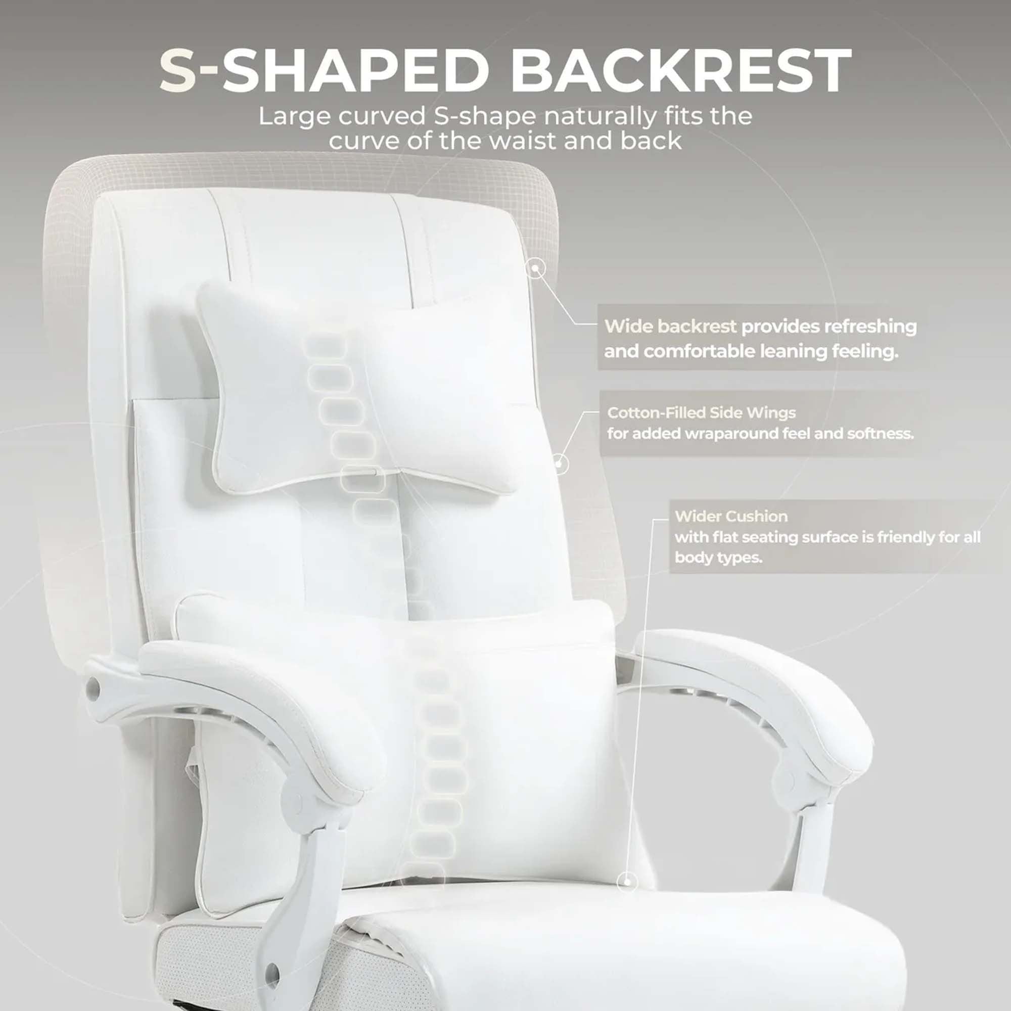 Silla de juego ergonómica para oficina con soporte lumbar y reposabrazos - Altura ajustable, giro de 360°, base de 5 ruedas - Poliéster duradero, blanco - Uso en casa y dormitorio, silla para escritorio