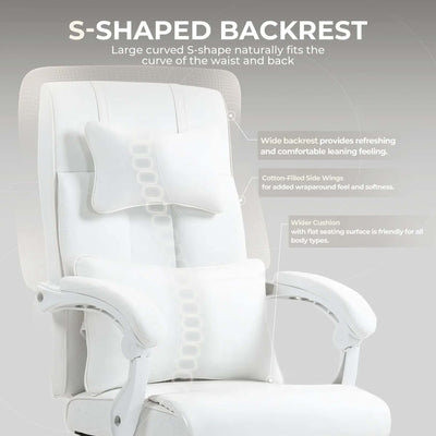 Silla de juego ergonómica para oficina con soporte lumbar y reposabrazos - Altura ajustable, giro de 360°, base de 5 ruedas - Poliéster duradero, blanco - Uso en casa y dormitorio, silla para escritorio