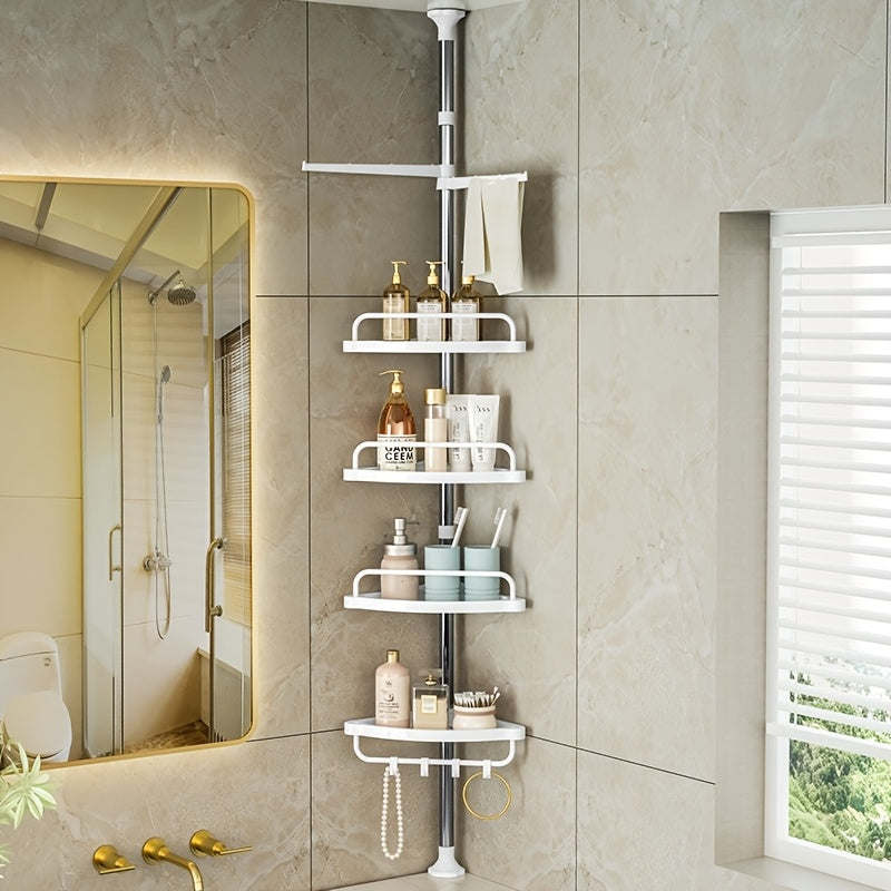 Estantería Retráctil de 4 Niveles para Esquina del Baño, Estante de Ducha con Bandeja Ajustable y Barra Giratoria para Toallas, Fácil Instalación Sin Taladrar, Organizador Montado en Pared para Accesorios y Suministros de Baño, Caddy de Ducha