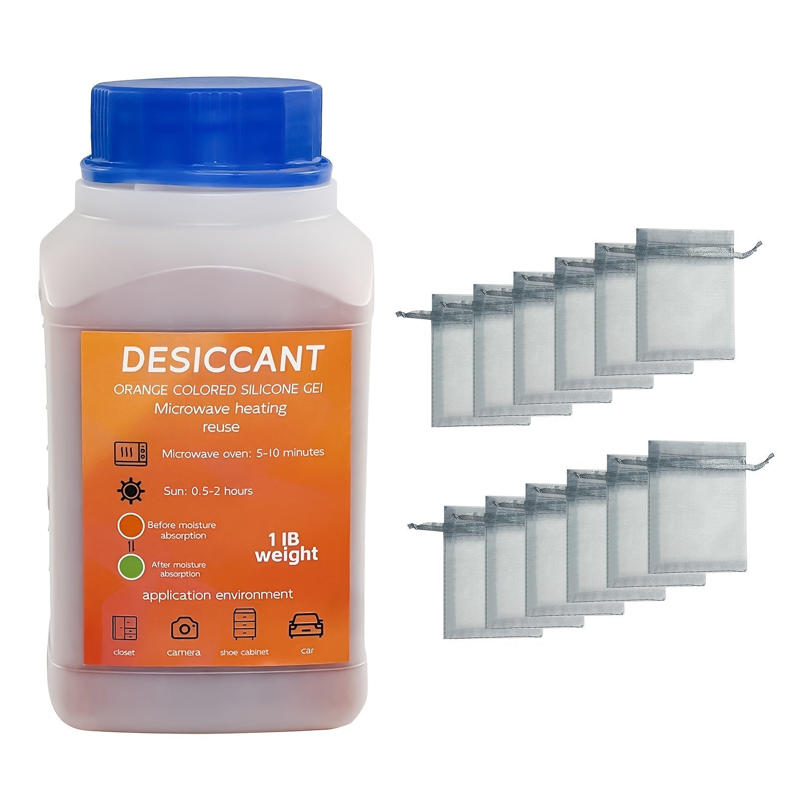 453,59 g de bolsa desecante de silicona azul para el hogar con 12 bolsas de malla - Cambio de color, absorción de humedad, eliminación de olores, ideal para autocaravanas, dormitorios y espacios interiores, control de humedad | Claridad de humedad | Desh