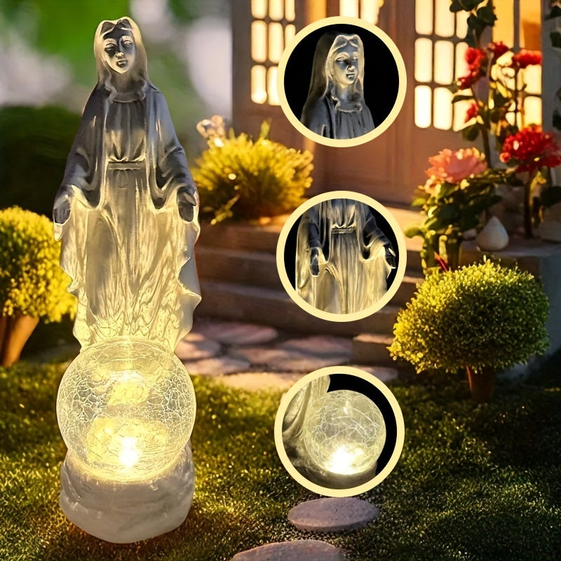 Estátua de la Virgen María Oasis Solar, arte de resina, adorno de jardín autosoportante, tema de Natividad festivo para patio, césped, balcón, estanque, decoración de Navidad, Pascua, Janucá, Acción de Gracias, batería de níquel de 200mAh