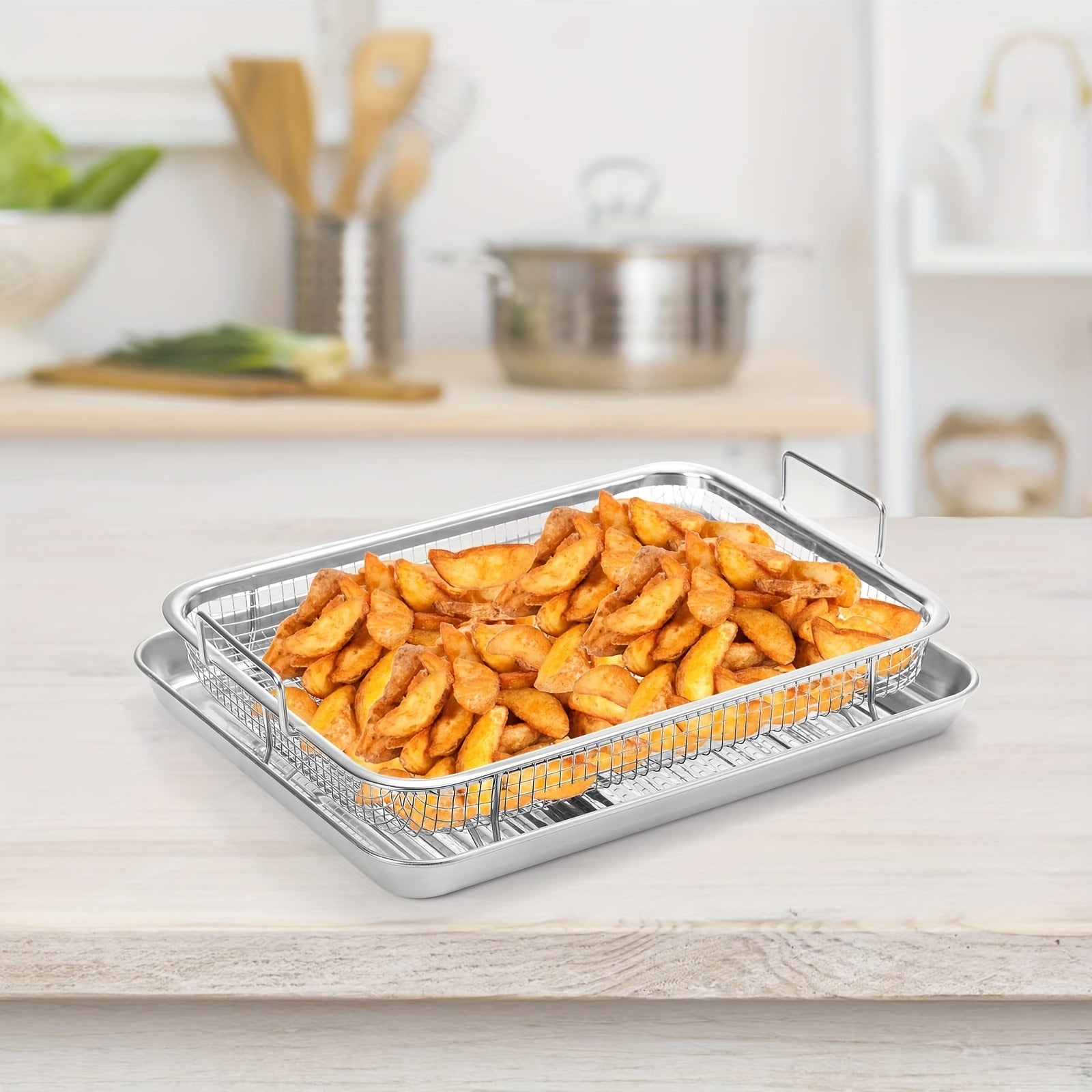 Cesta de freidora de acero inoxidable, con revestimiento antiadherente, accesorio de freidora multiusos, con asa desmontable, para patatas fritas, aperitivos y drenaje de alimentos