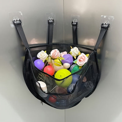 Bolsa organizadora de juguetes de baño para niños de gran capacidad - Almacenamiento de malla impermeable con correas negras, ideal para juguetes de bañera, champú y jabón, con diseño divertido y personajes de dibujos animados.