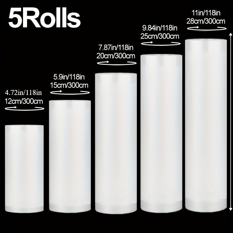 5 rollos de bolsas de sellador de vacío portátil con textura, malla de un solo lado, desechables, para carne, frutas, granos, verduras, organizadores de cocina y almacenamiento, accesorios de cocina.