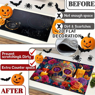 1pc Cubierta para Estufa de Halloween - Reemplazo Antideslizante con Forro de Goma para Quemadores de Gas/Eléctricos, Diseño Floral de Calaveras Azucaradas Día de los Muertos en Morado/Azul/Rosa/Naranja/Rojo/Morado - Decoración Fácil de Instalar para Coc