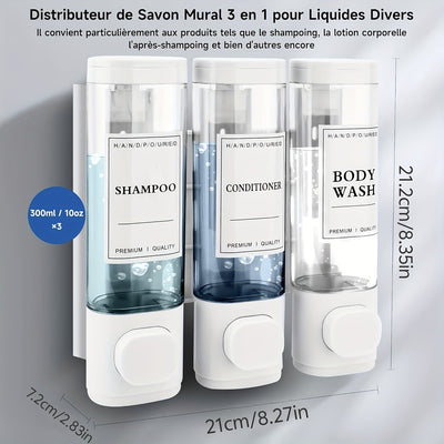 1 dispensador de jabón de pared, libre de ftalatos, tres en uno, no eléctrico, material plástico ABS, no requiere taladrar, con funciones de gel de ducha, champú y acondicionador, para baños, cocinas, mercados, hoteles, restaurantes.