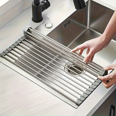 SunCleanse Armario de secado de platos enrollable con 15 tubos - Secador de platos de acero inoxidable multifuncional sobre el fregadero, 43cm x 30cm, Diseño plegable y colapsable, Ideal para encimeras de cocina, Portátil y versátil soporte de tazas, Arm