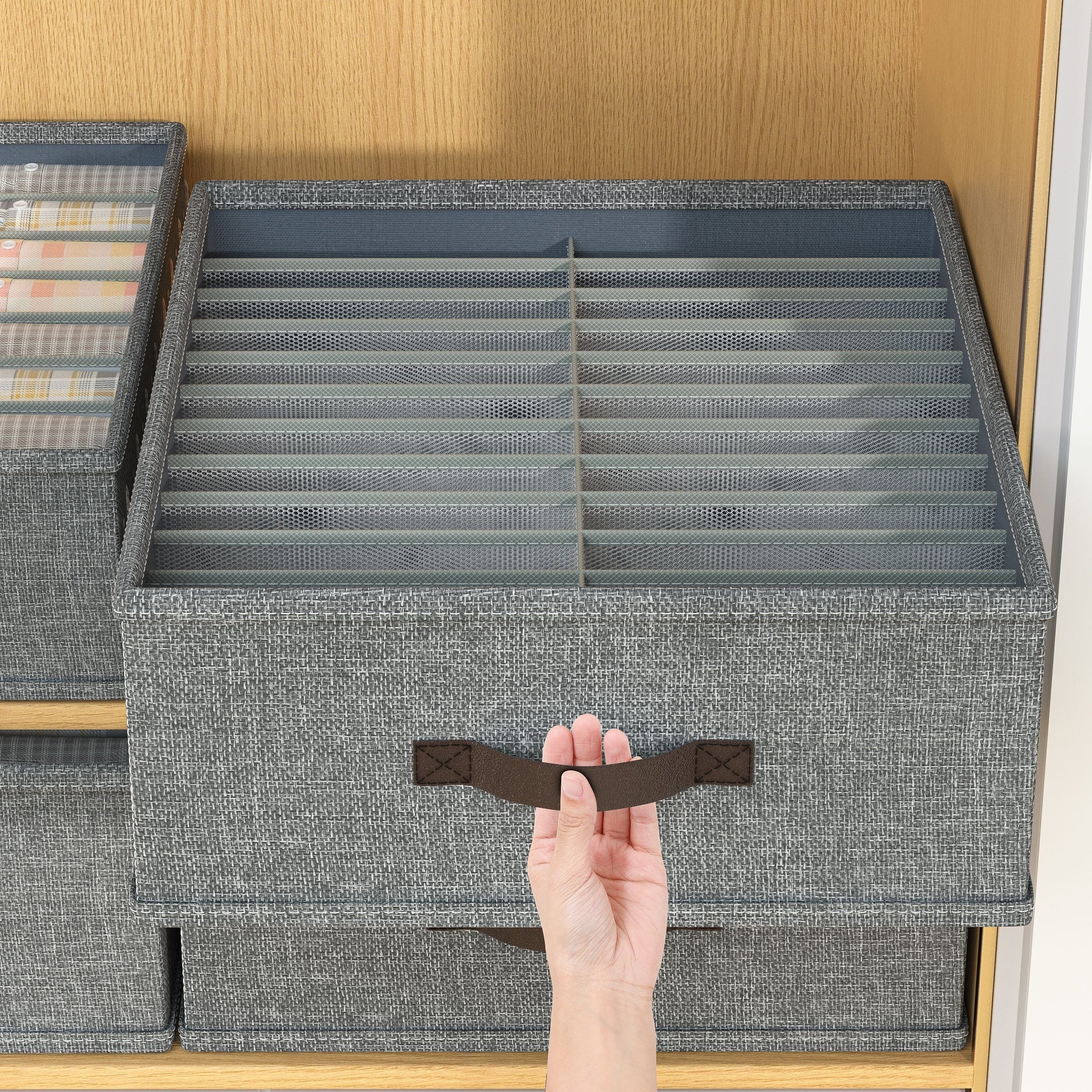 Caja de almacenamiento estilo cajón de tela minimalista, 1 unidad, color beige y gris claro, plegable, sin estampado, lavado a mano o limpieza en seco profesional