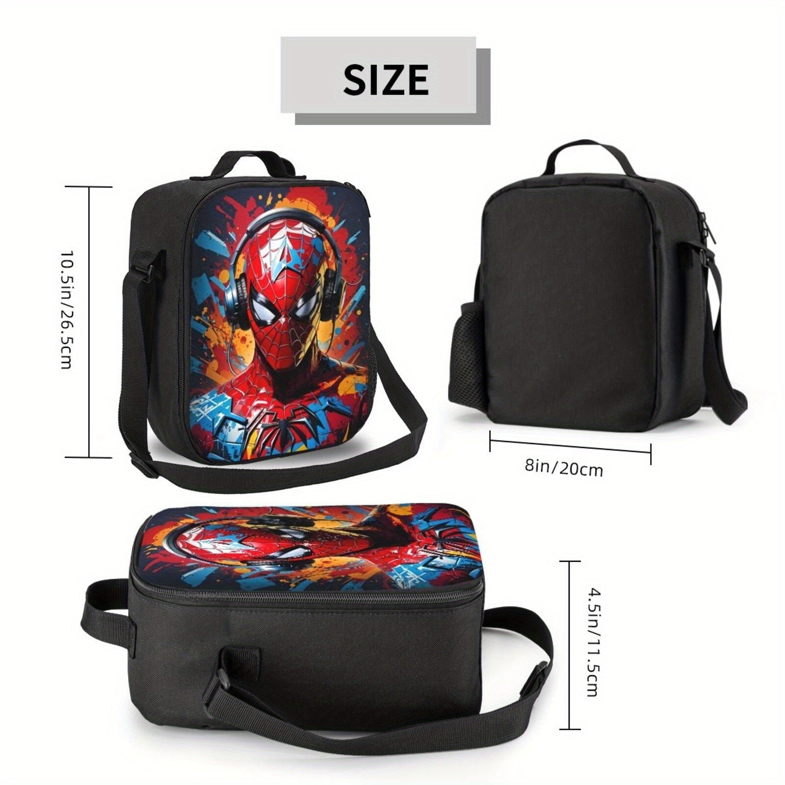 1 bolsa térmica de almuerzo Marvel Spider-Man, diseño vibrante de superhéroe, bolsa térmica sin contacto con alimentos para trabajo, escuela o picnic, poliéster duradero, solo lavado a mano, cierre con cremallera segura, diseño de personaje de caricatura