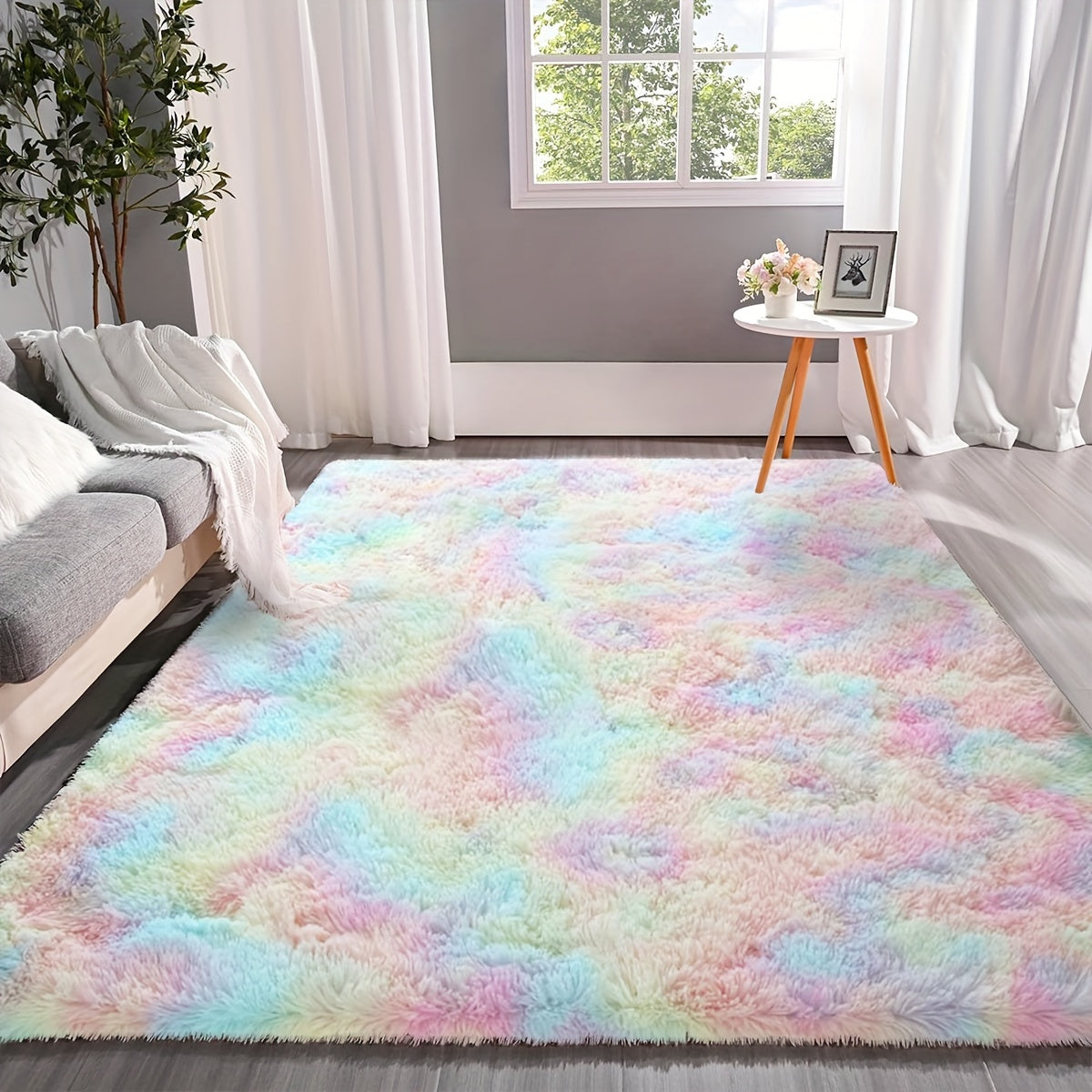 1pz Alfombra Peluda de Colores Pasteles Bajo el Cielo Arcoíris - Tamaño Extra Grande Antideslizante y Ligera 100% Poliéster para Sala de Estar, Dormitorio, Sala de Juegos y Más, Alfombra Versátil | Alfombra en Tonos Pasteles | Tapete Antideslizante, Alfo