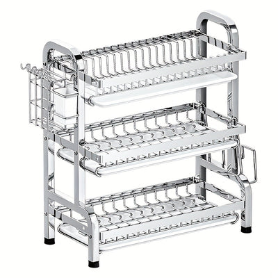 Estante de platos de cocina de acero inoxidable con bandeja de drenaje - Organizador multifuncional para encimeras para platos, tazas y utensilios - Solución de almacenamiento de cocina para el hogar que ahorra espacio