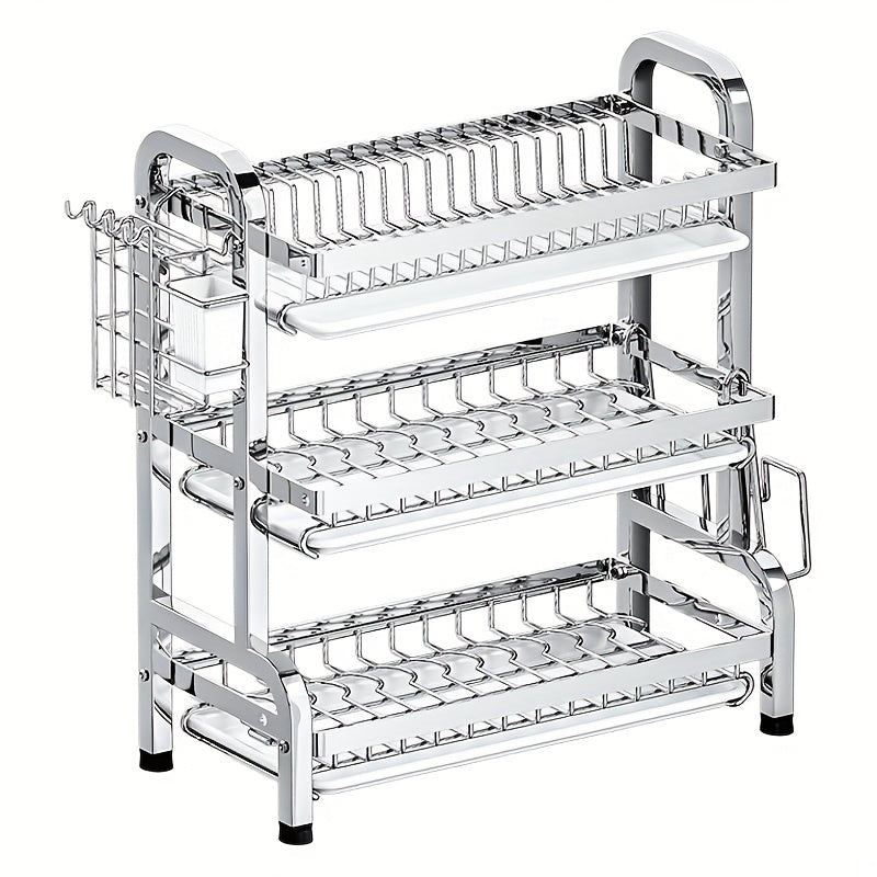 Estante de platos de cocina de acero inoxidable con bandeja de drenaje - Organizador multifuncional para encimeras para platos, tazas y utensilios - Solución de almacenamiento de cocina para el hogar que ahorra espacio