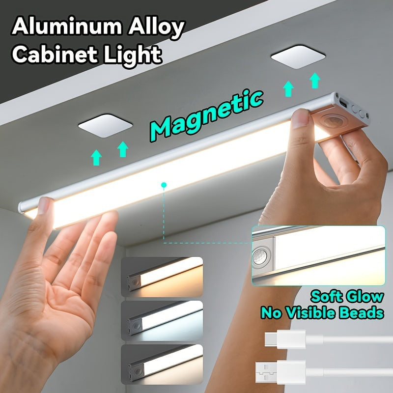 1 pieza de luz de armario con sensor de movimiento de metal, luces de armario y despensa LED, 3 colores, luces nocturnas interiores recargables por USB magnéticas, luces de fijo de encima de la encimera magnéticas con batería para armario de cocina, esca