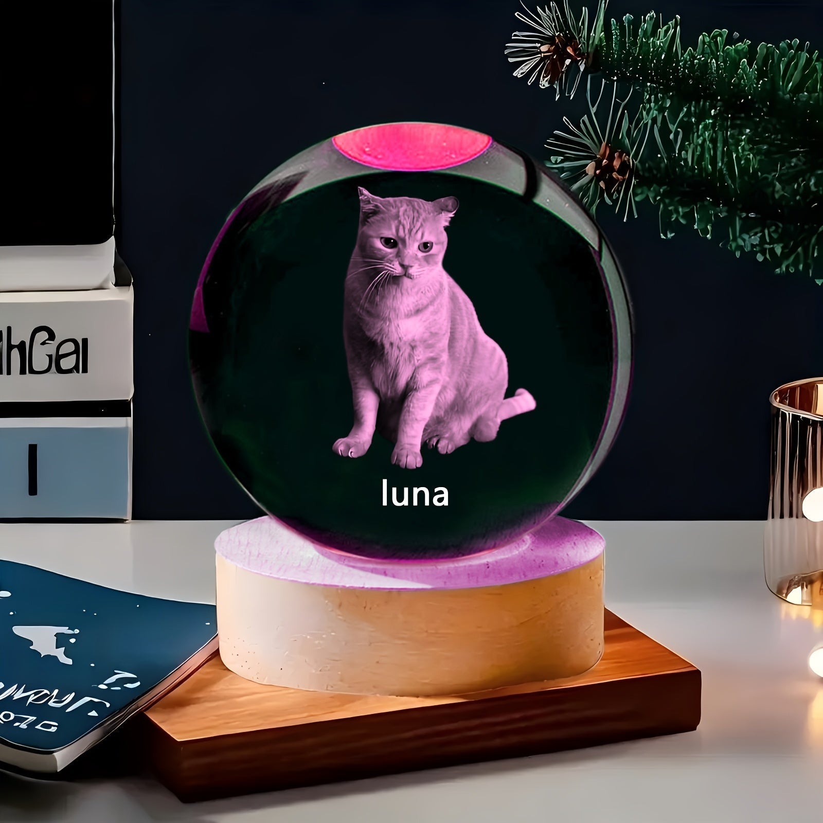 Esfera de cristal personalizable con base de madera - Esfera de vidrio con fotos personalizadas para decoración de dormitorio y sala de estar - Regalo ideal para cumpleaños, San Valentín, Acción de Gracias, Navidad - Opción de grabado DIY, alimentado por