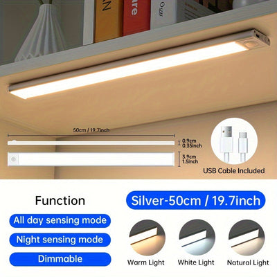 Barra de Luz Magnética Recargable con Sensor de Movimiento y LED para Armarios, Vestuarios y Más - Inalámbrica, Brillo y Color Ajustables, Alimentada por Batería, Diseño Elegante y Moderno, Longitudes Disponibles de 19.99cm/29.97cm/39.88cm/59.94cm