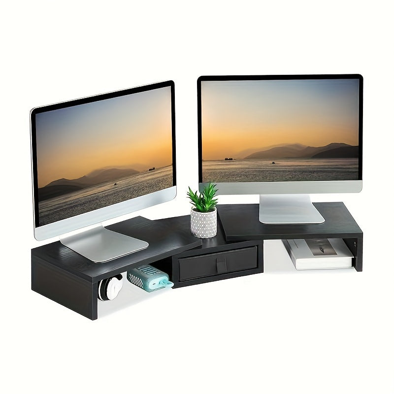 Soporte Ajustable para Doble Monitor con Cajón - Elevador de Escritorio de Madera de 93.98cm para 2 Pantallas, Portátiles y PC - Organizador de Almacenamiento que Ahorra Espacio, Ganchos de Utilidad