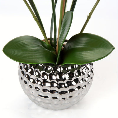 1pc Planta De Flor Artificial Orquídea, Falsa Orquídea Con Maceta Plateada En Forma De Bola Redonda, Planta Falsa Para Decoración De Mesa De Baño, Sala De Estar, Oficina, Cocina, Decoración De Mesa De Hogar De Primavera Y Año Nuevo