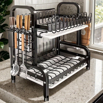 Organizador de cocina de acero inoxidable de 2 niveles con porta utensilios, ahorrador de espacio para platos, tazones y cubiertos (no incluye palas ni tablas)