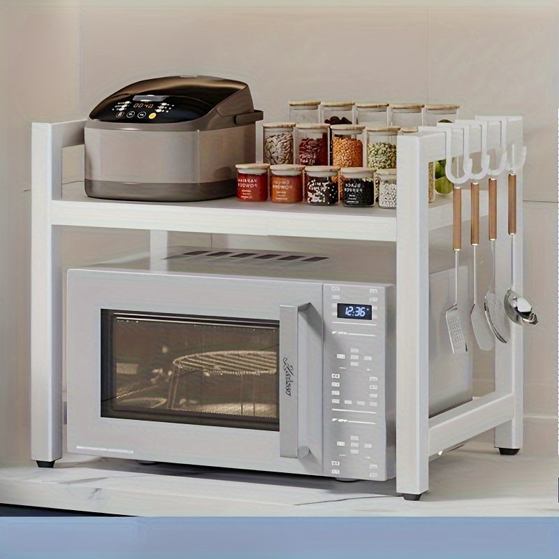 Estante de cocina metálico ajustable LDQ, soporte de microondas telescópico de 32-64cm con 6 ganchos, ajustable en altura, capacidad de 30kg, acabado pintado, doble propósito para cocinas comerciales y domésticas, estante de especias, comercial