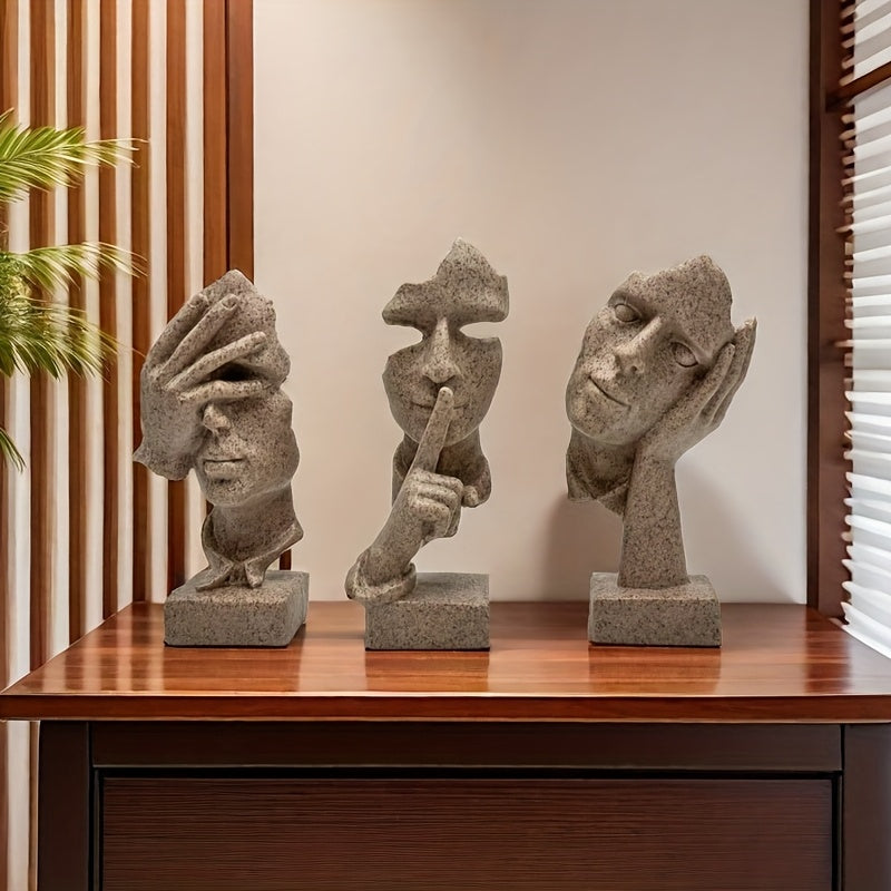 3 piezas de máscaras decorativas artesanales europeas, figuras abstractas simples, escultura para sala de estar u oficina