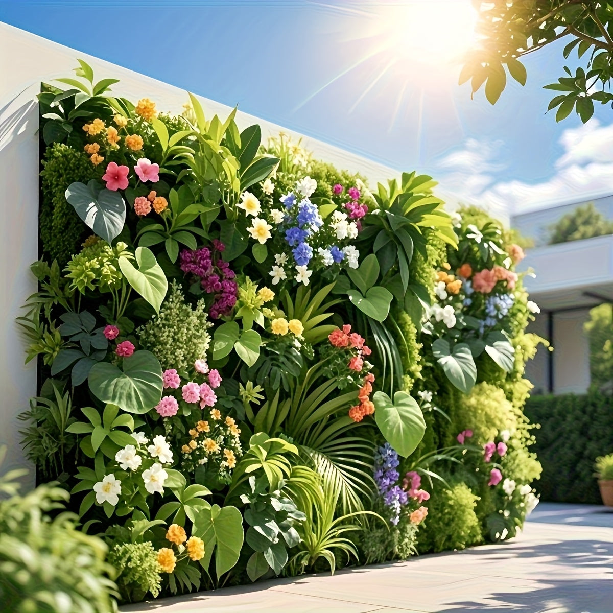 1 panel de pared verde artificial para exteriores - Flores coloridas y hojas frondosas, plástico duradero para todas las estaciones, resistente al clima, sin mantenimiento necesario, adecuado para decoraciones de fiestas de boda en el hogar, oficina y ja
