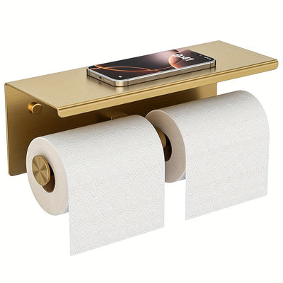 Soporte de papel higiénico de acero inoxidable con estante, diseño de doble cabeza, acabado cepillado, ahorro de espacio para baño, dorado, accesorio de inodoro.