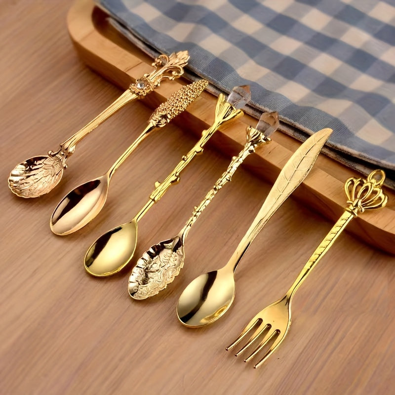 6 Paquetes/Conjunto, Cucharas de postre doradas estilo europeo, Cucharas de café vintage, Cucharas de postre de frutas talladas en metal estilo retro, Adecuadas para cocina y comedor, Estilo clásico, Algunos estilos son aleatorios.