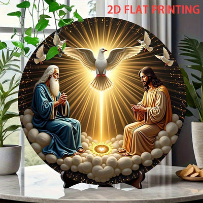 Letrero de Pared Artificial Redondo de Madera 2D, 8 Pulgadas - Sagrada Trinidad con Paloma y Ángeles, Diseño Religioso Estilo Clásico Americano, Decoración para Interior/Exterior, Fácil Colgado en Puerta, Arte Espiritual Duradero para Hogar, Oficina o Bar