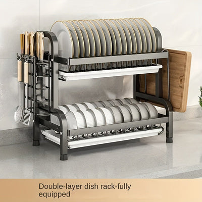 Estante de platos de cocina de acero inoxidable de 2 niveles con soporte para utensilios - Organizador de encimera que ahorra espacio para platos, tazones y cubiertos (pocillos, tablas no incluidas)