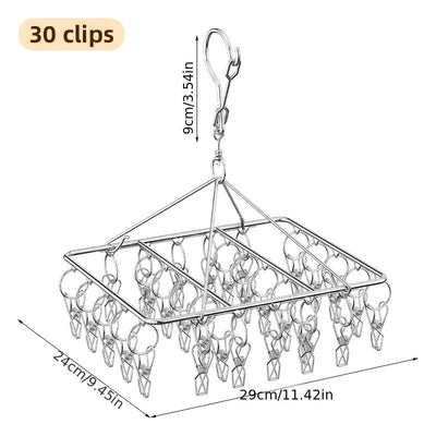 Estante de secado de calcetines de acero inoxidable con 20/30/40 clips, gancho giratorio a prueba de viento para calcetines, sujetadores, ropa interior y accesorios de lavandería, tendederos