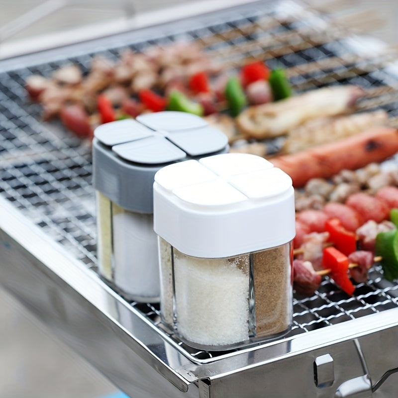 Tarro de Condimentos de Sal y Pimienta de Plástico 4-en-1, Dispensador de Especias Vacío de 4 Compartimentos con Tapa, Tarro de Especias de Viaje con Etiquetas para Cocina y BBQ, 1pc