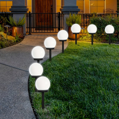 8 luces solares LED esféricas para jardín, blancas, iluminación exterior para caminos, luces solares automáticas de plástico resistente para césped, patio, decoración navideña y de bodas, luces solares para exteriores, decoración de jardín, acentos decor