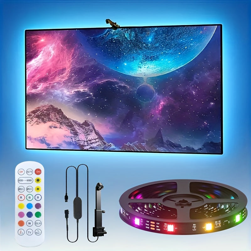 Tira de luces LED RGBIC de 12,5 pies/3,8 metros, barra de luz de fondo para TV, con sensor de color AR, control remoto de 24 teclas ajustable, adecuado para TVs de 55-65 pulgadas, perfecto para exhibición, sala de juegos, dormitorio y decoración de sala