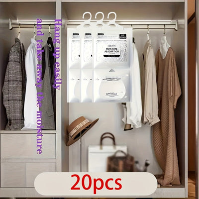 20 bolsas absorbentes de humedad colgantes, deshumidificadores, desecantes, adecuados para armarios, dormitorios y baños, diseñadas como bolsas efectivas para absorber la humedad en el hogar, kit anti-humedad para dormitorio