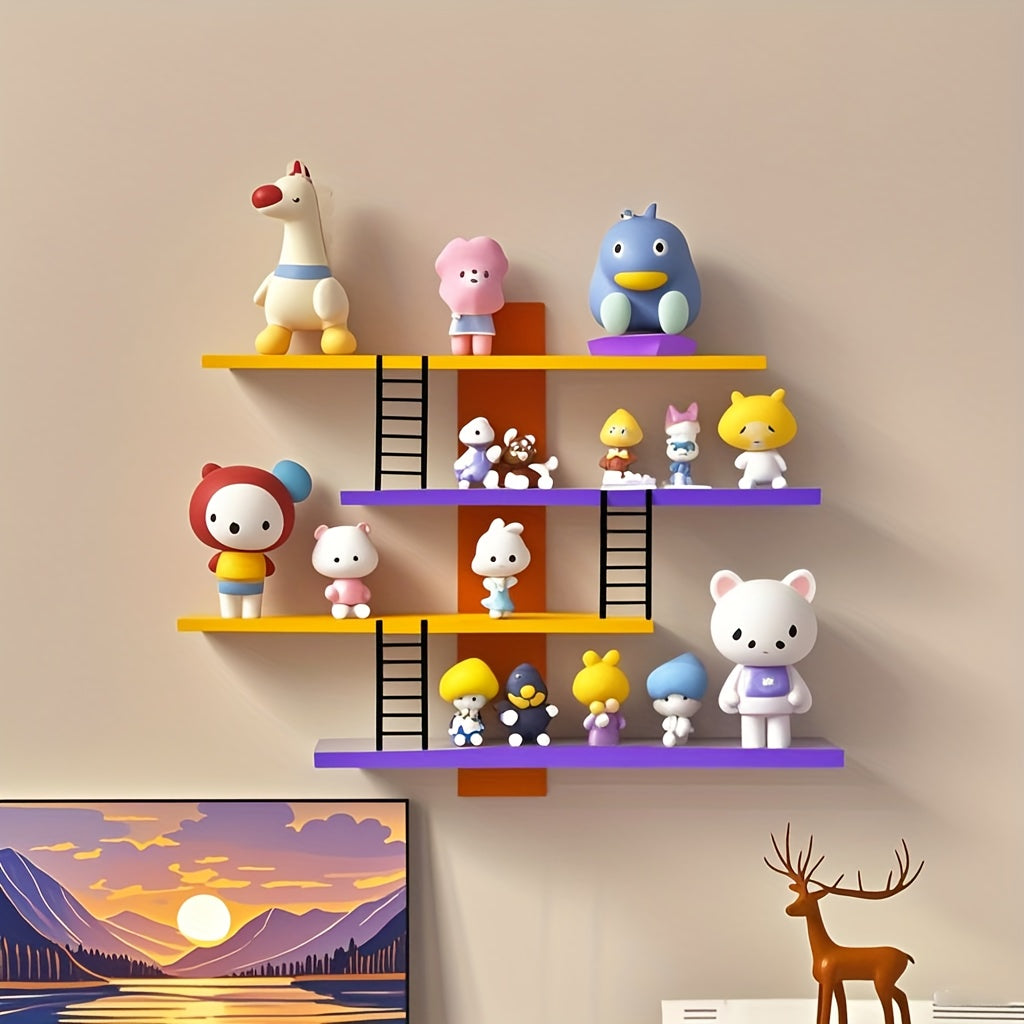 Estantería de Pared de 4 Niveles Colorida - Organizador Multifuncional Estilo Bohemio para Juguetes Coleccionables, Cosméticos y Accesorios - Instalación Sin Taladro, Estantes en Capas Azul/Amarillo/Rojo, Decoración Hogareña Ahorradora de Espacio, Diseño
