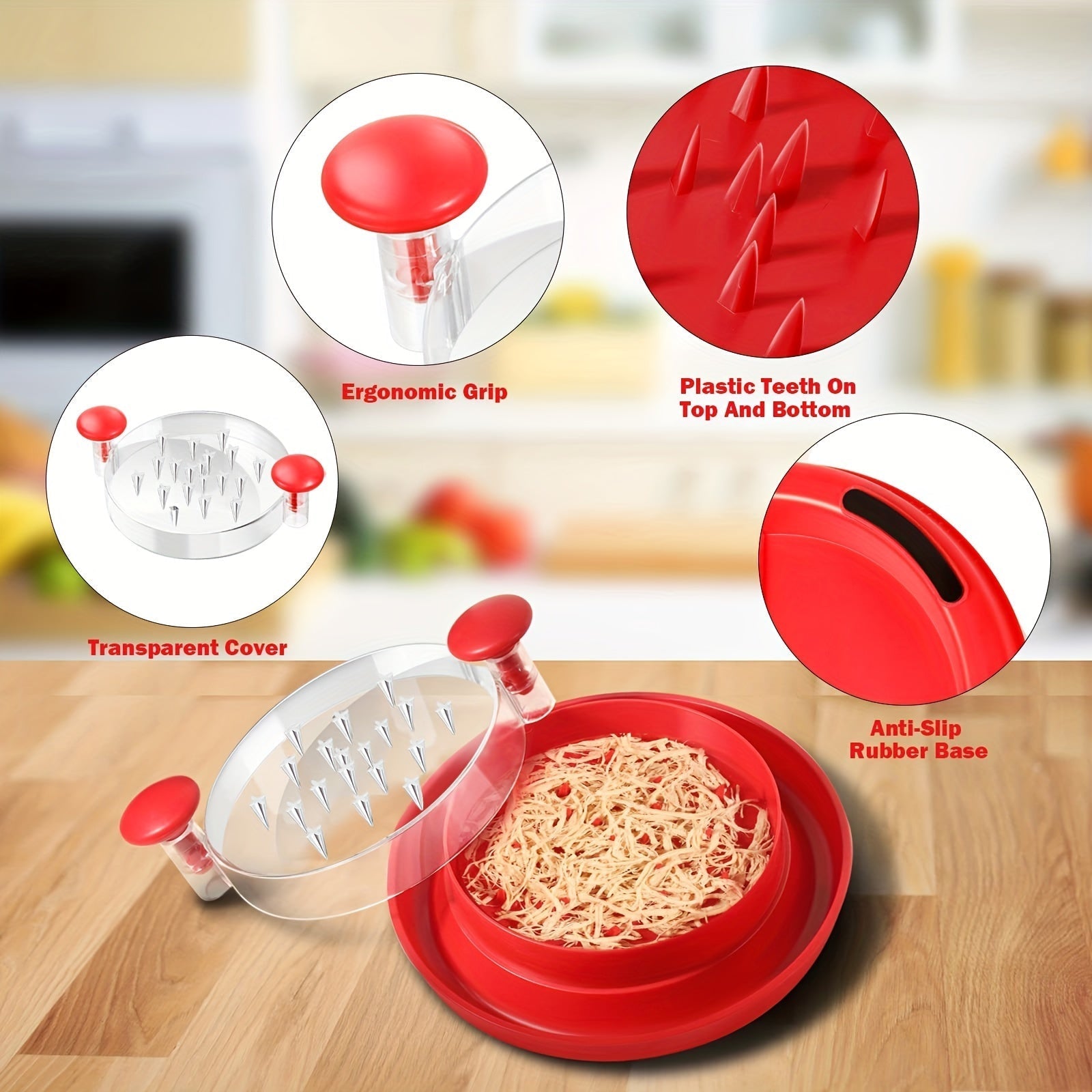 Desmenuzadora de pollo de plástico con agarre ergonómico y base antideslizante - Desmenuzadora de carne con dientes para pollo, carne de res, verduras, cubierta transparente grande, utensilio de cocina fácil de limpiar