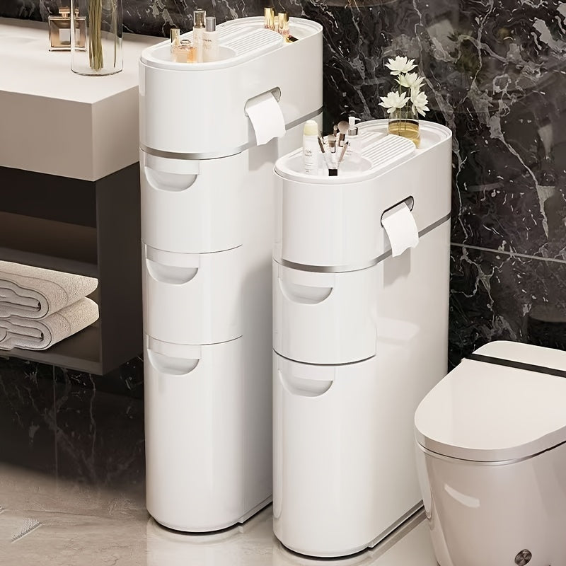 1pc Gabinete Rodante Estrecho Ahorrador de Espacio con Múltiples Cajones y Porta Pañuelos - Organizador de Baño, Cocina o Sala en Plástico Compacto, Sin Necesidad de Energía, Diseño Minimalista, Textura Suave, Construcción Duradera, Carrito Móvil para Ho