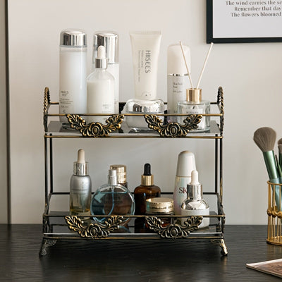 Estantería Organizadora de Baño Metálica de 3 Niveles para Cosméticos, Perfumes y Cuidado de la Piel - Estante de Almacenamiento Multicapa de Hierro Negro con Borde Floral Dorado Decorativo, Ideal para Tocador o Habitación Universitaria