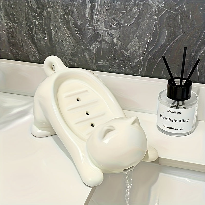 Porta jabón con diseño de gato adorable, color blanco brillante y rosa, plástico resistente, organizador rectangular con drenaje, ideal para baño, incluye espacio para esponja