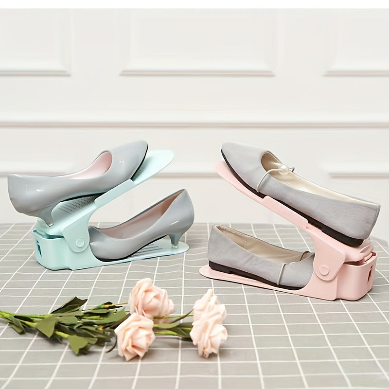 10 piezas de estantería de zapatos ajustable de plástico - Organizador que ahorra espacio para entrada, pasillo, sala de estar - Fácil montaje, resistente a la decoloración, blanco con acordes azules, solución de almacenamiento de zapatos | Moderna estan