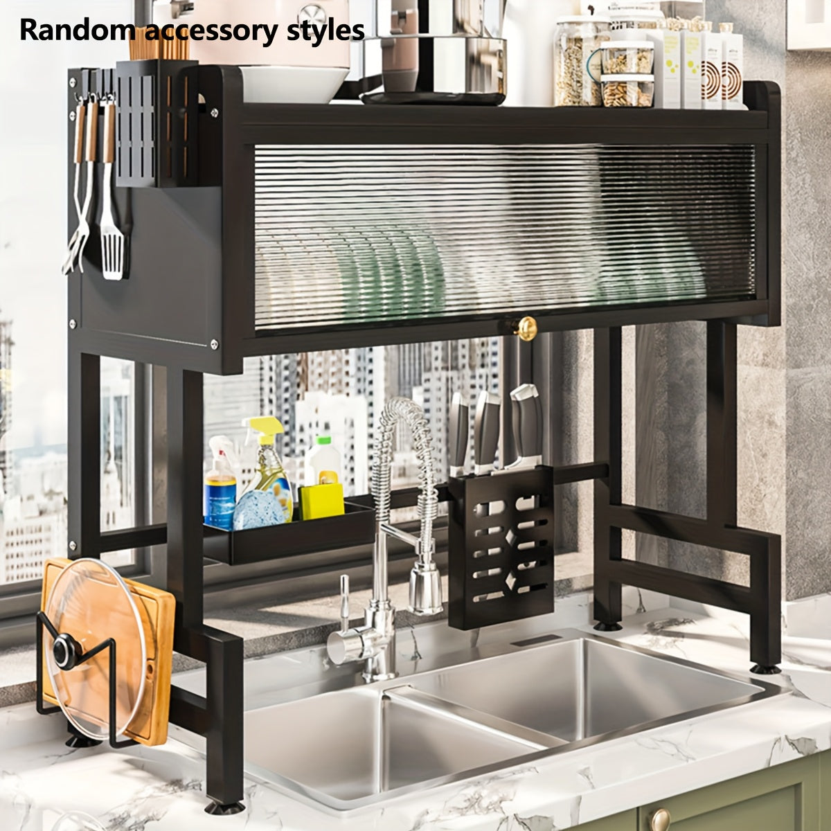 [Escurridor Moderno de Metal] Escurridor de Platos Moderno de Metal 1ud de Doble Capa Sobre Fregadero - Almacenamiento Multifuncional, Tapa Abatible, Soporte para Utensilios, Organizador de Cocina Negro (25.59"L x 11.02"W x 31.88"H)