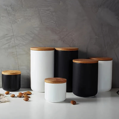 Frascos de almacenamiento de alimentos de cerámica multiusos con cierre de pestillo, recipientes redondos reutilizables para la organización de la cocina, se recomienda lavar a mano - Juego de 1 contenedor negro para té, café, dulces, granos